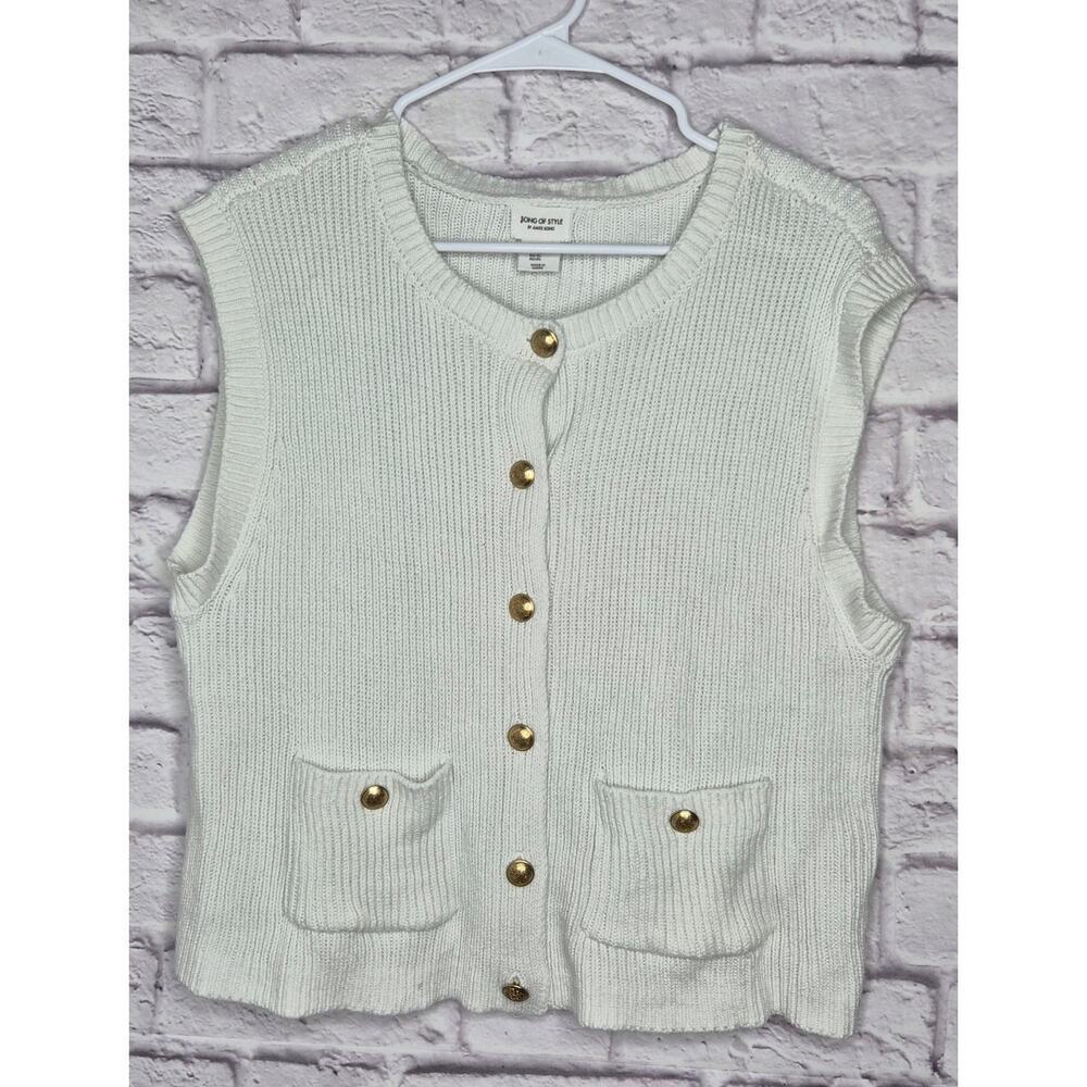Song of Style Revolve White Ribbed Knit Sweater Vest Gold Buttons XL Aimee Song